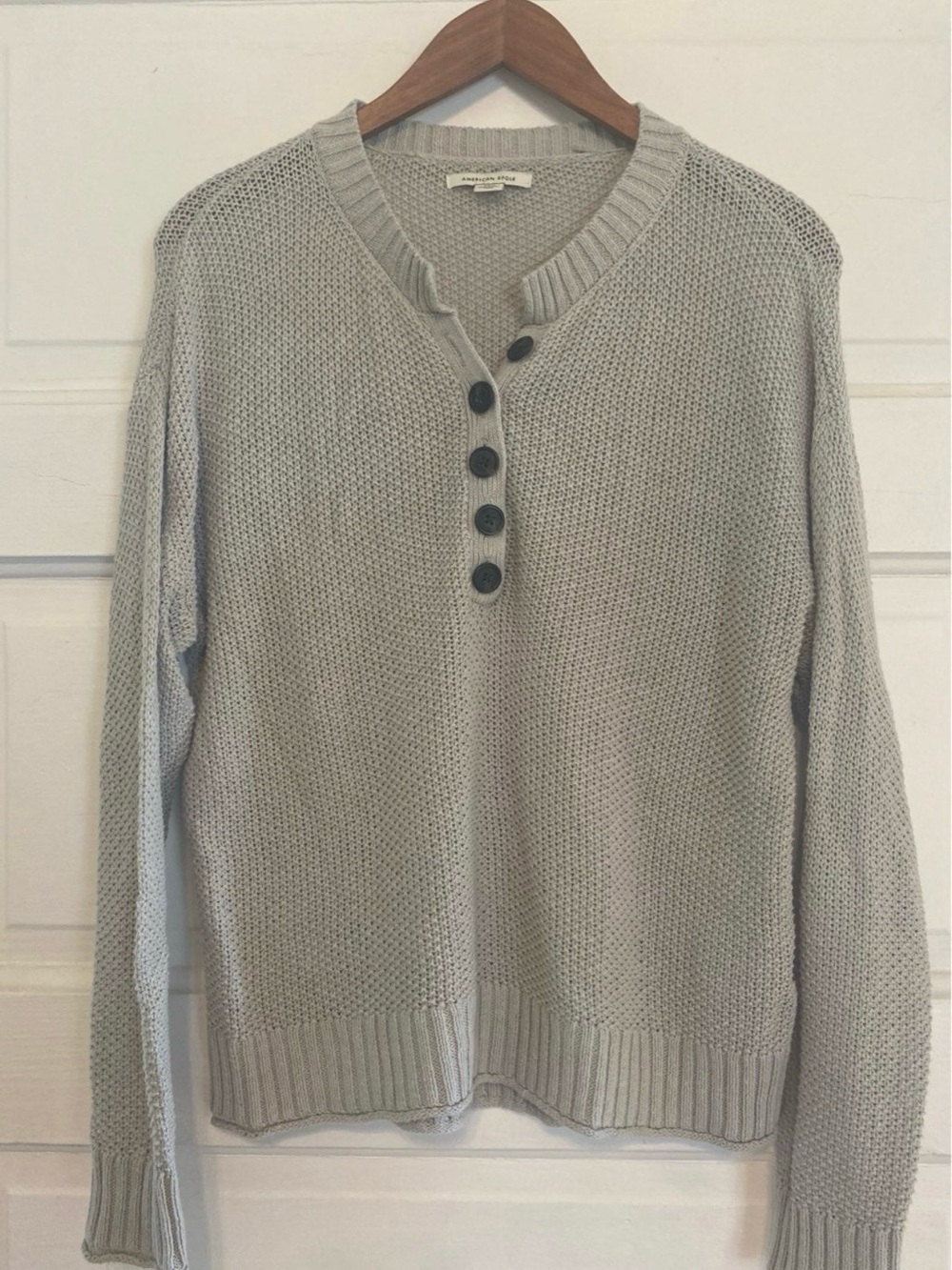 American Eagle Outfitters Light Gray V-Neck Henley Sweater